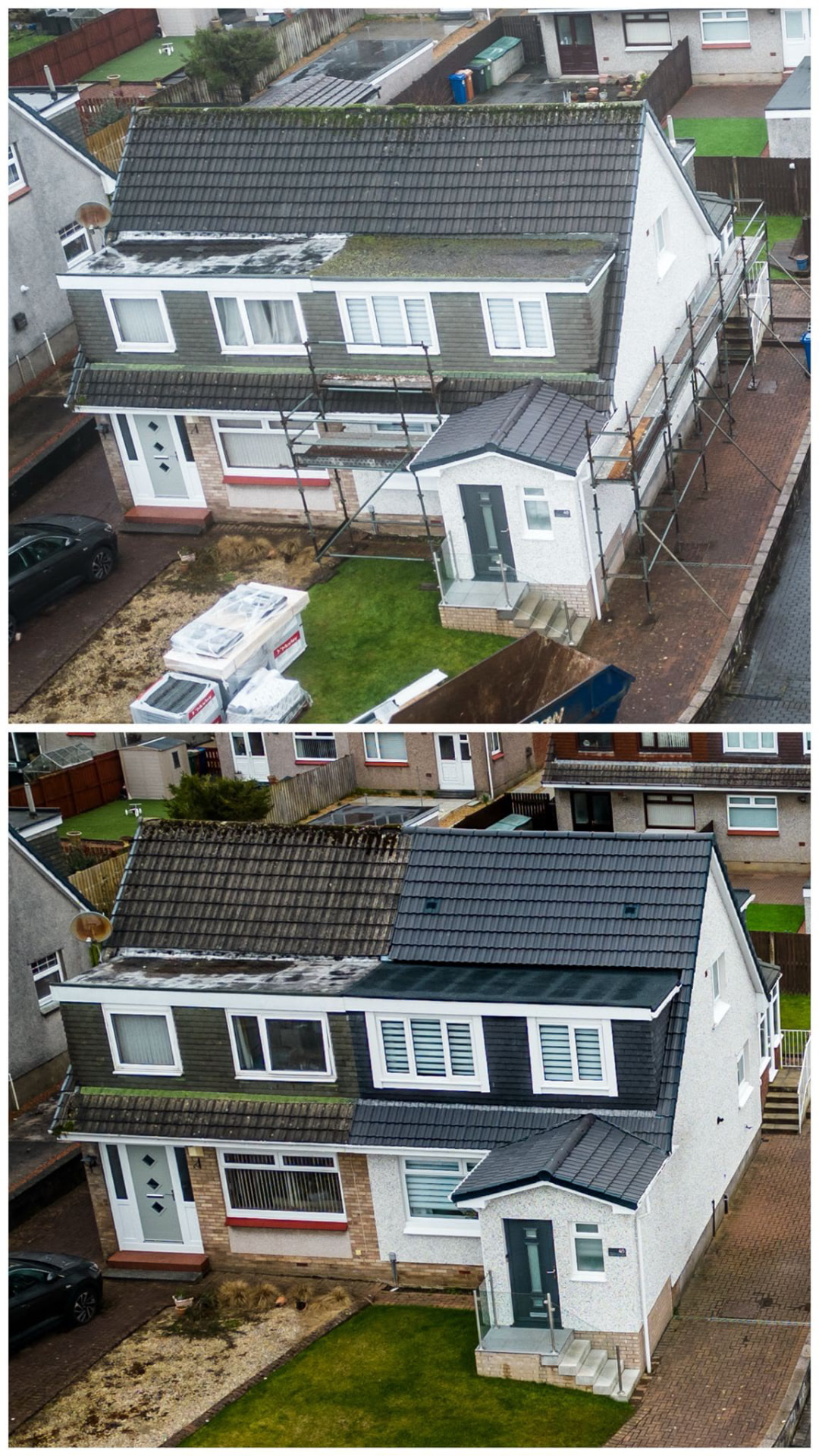 Aerial before-and-after view of a semi-detached roof, dormer and porch renewed